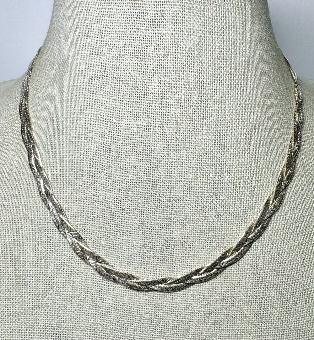 Milor Italy Sterling Silver 925 Braided Herringbone Necklace Diamond Cut